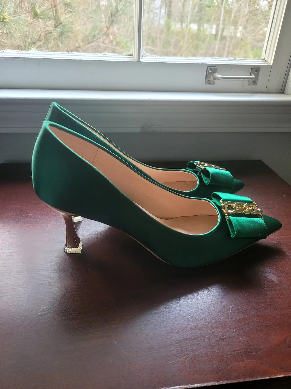 Emerald Green Satin Pointed Toe Pumps with Gold Chain Accent